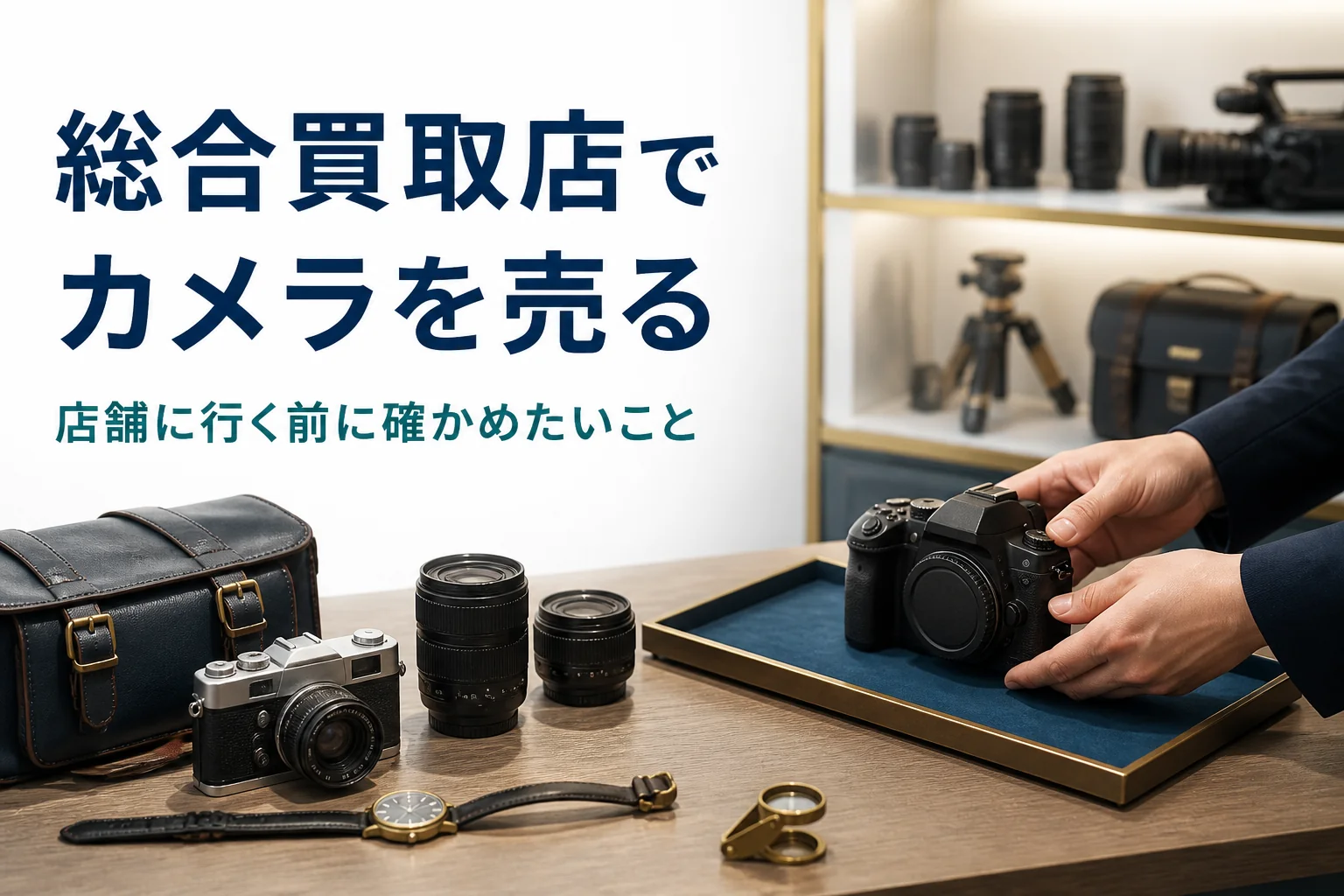 買取カウンターで一眼レフとほかの品物をトレーに並べている手元