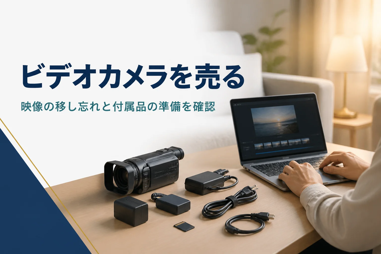 ビデオカメラの映像をパソコンに移してから売る準備をしている手元