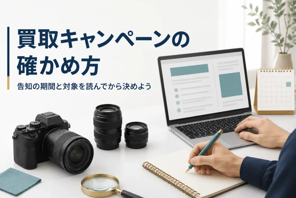 カメラとレンズの横でカレンダーを見ながら買取の告知を確かめている手元