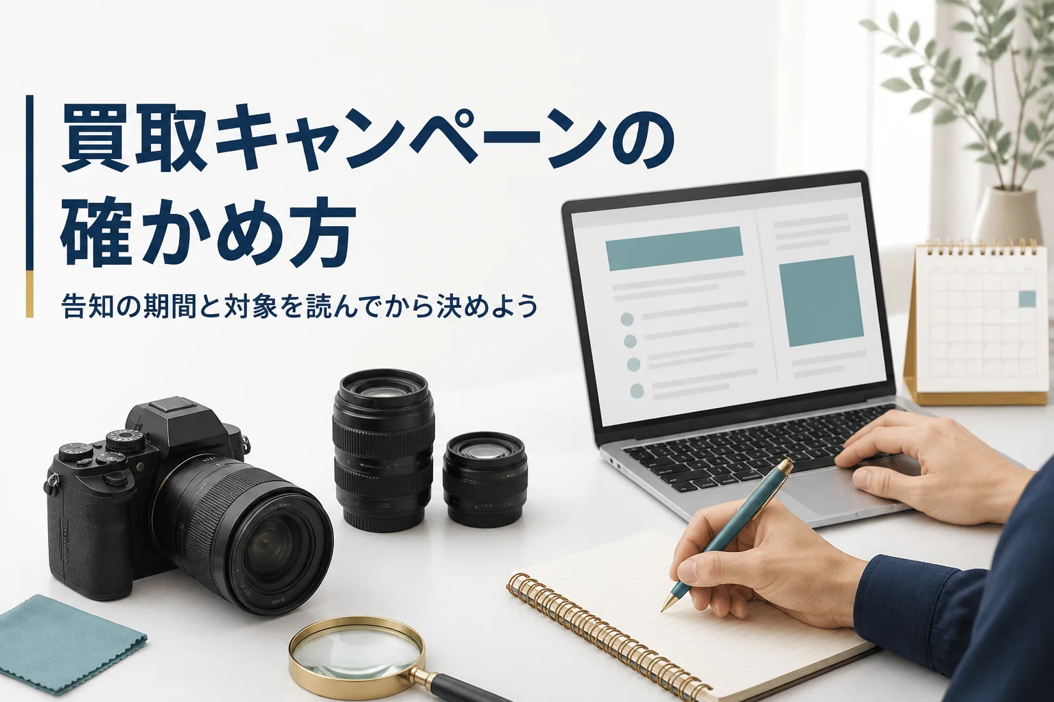 カメラとレンズの横でカレンダーを見ながら買取の告知を確かめている手元