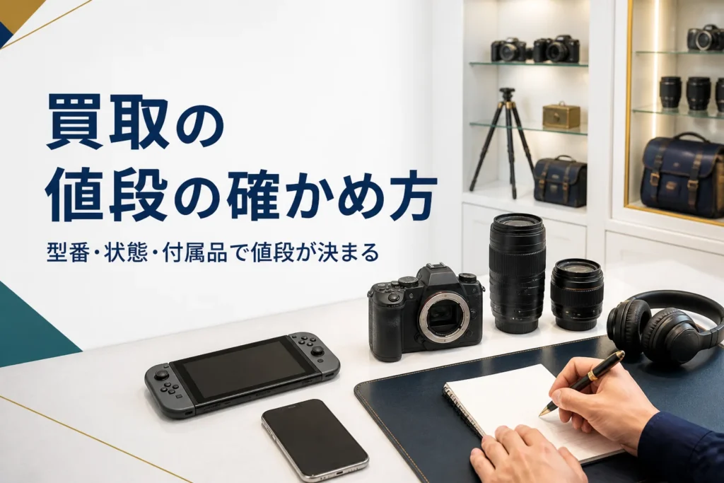 カメラやスマホ、ヘッドホンを並べて型番のメモを用意している手元