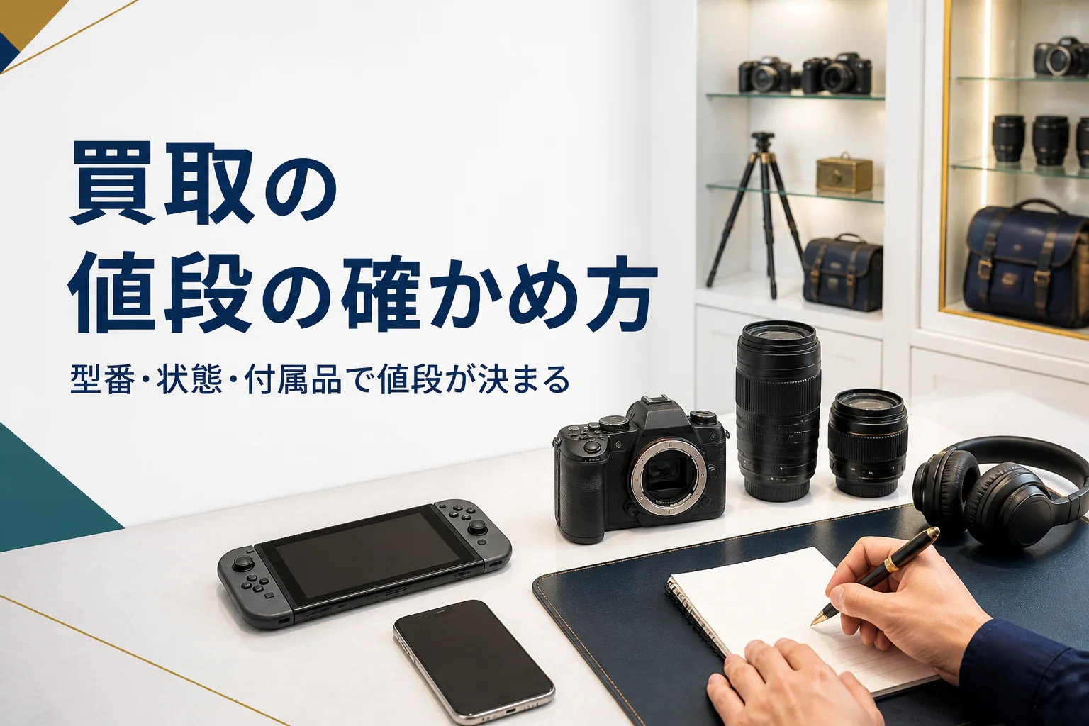 カメラやスマホ、ヘッドホンを並べて型番のメモを用意している手元