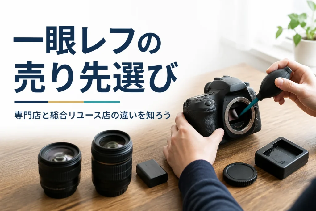 売る前に一眼レフと交換レンズ、付属品を並べて手入れしている手元