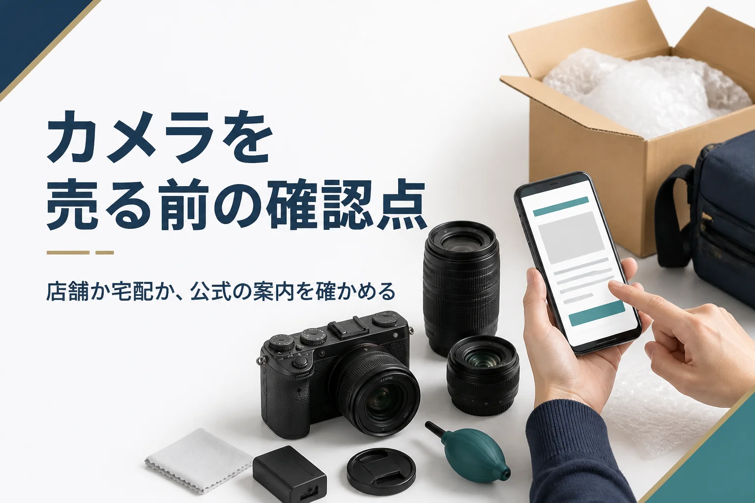 カメラと梱包箱を前にスマホで買取の案内を確かめる手元