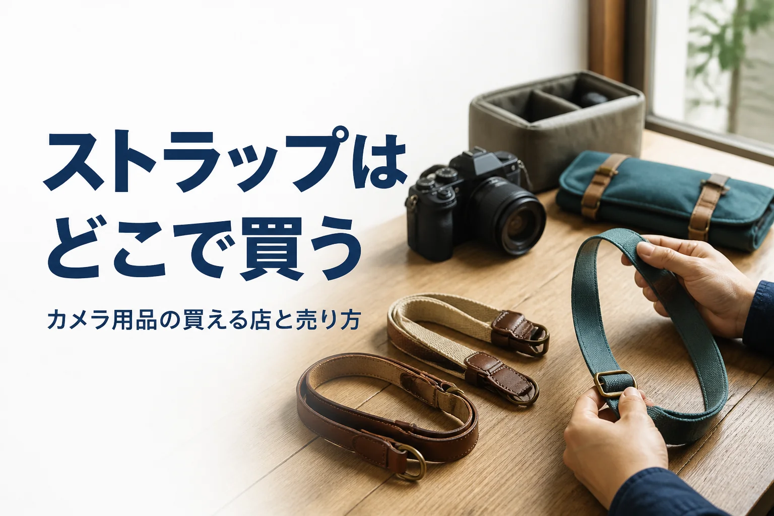 カメラストラップとカメラケースを手に取って選んでいる手元
