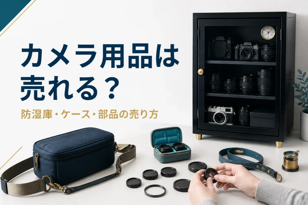 防湿庫の前でカメラケースや部品を仕分けている手元