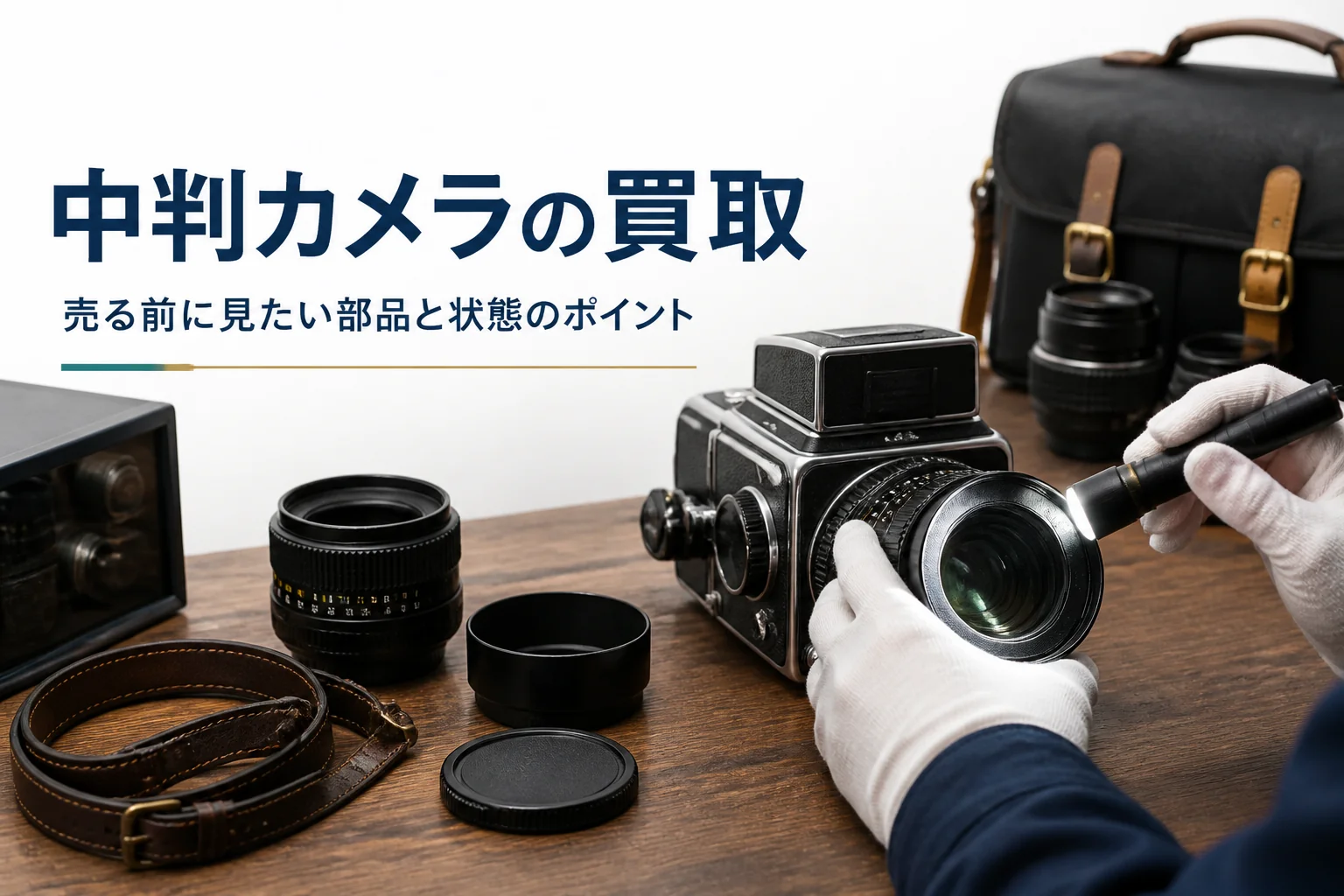 中判フィルムカメラのレンズの状態をライトで確かめている手元