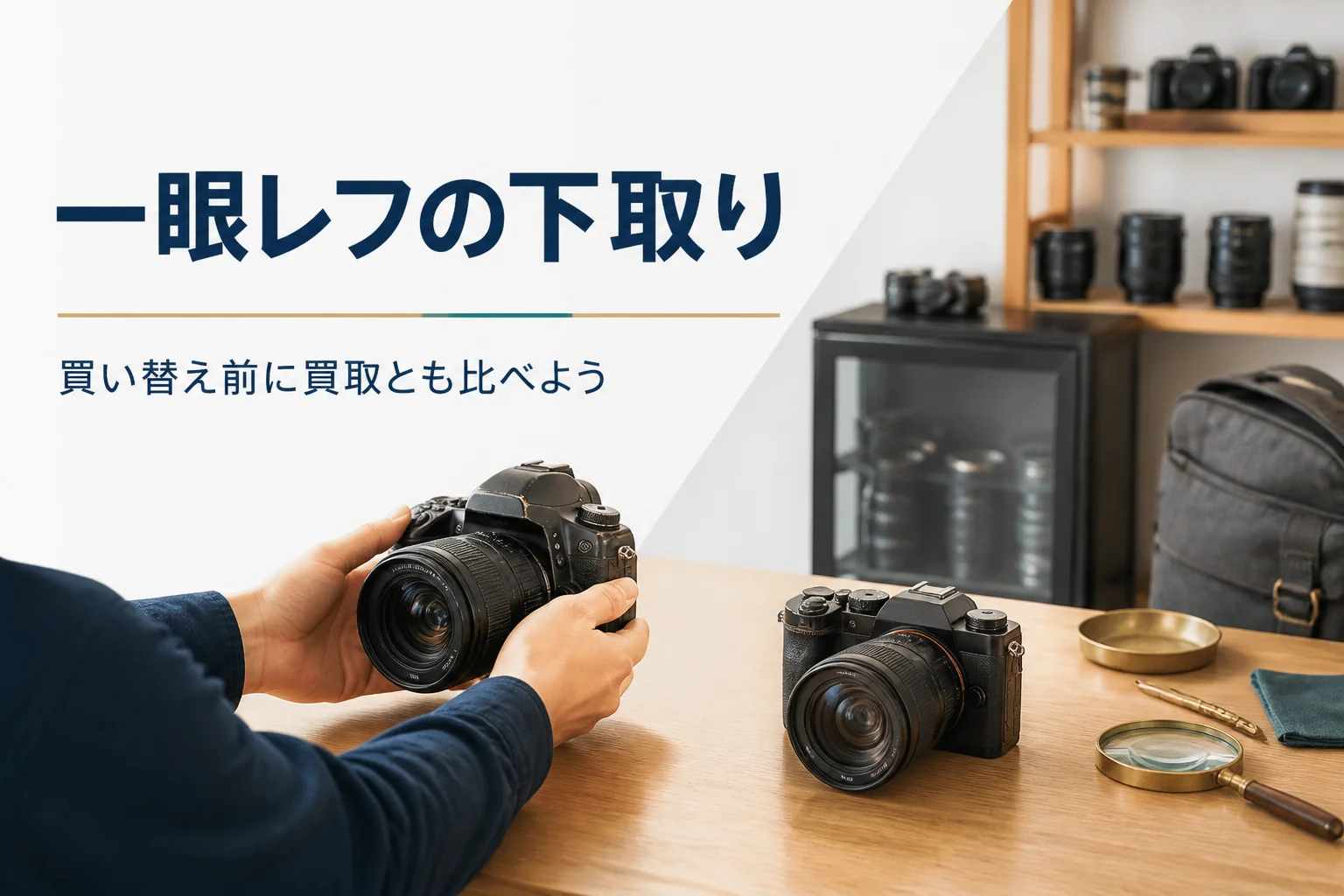 一眼レフとミラーレスカメラを並べて買い替えを考える手元