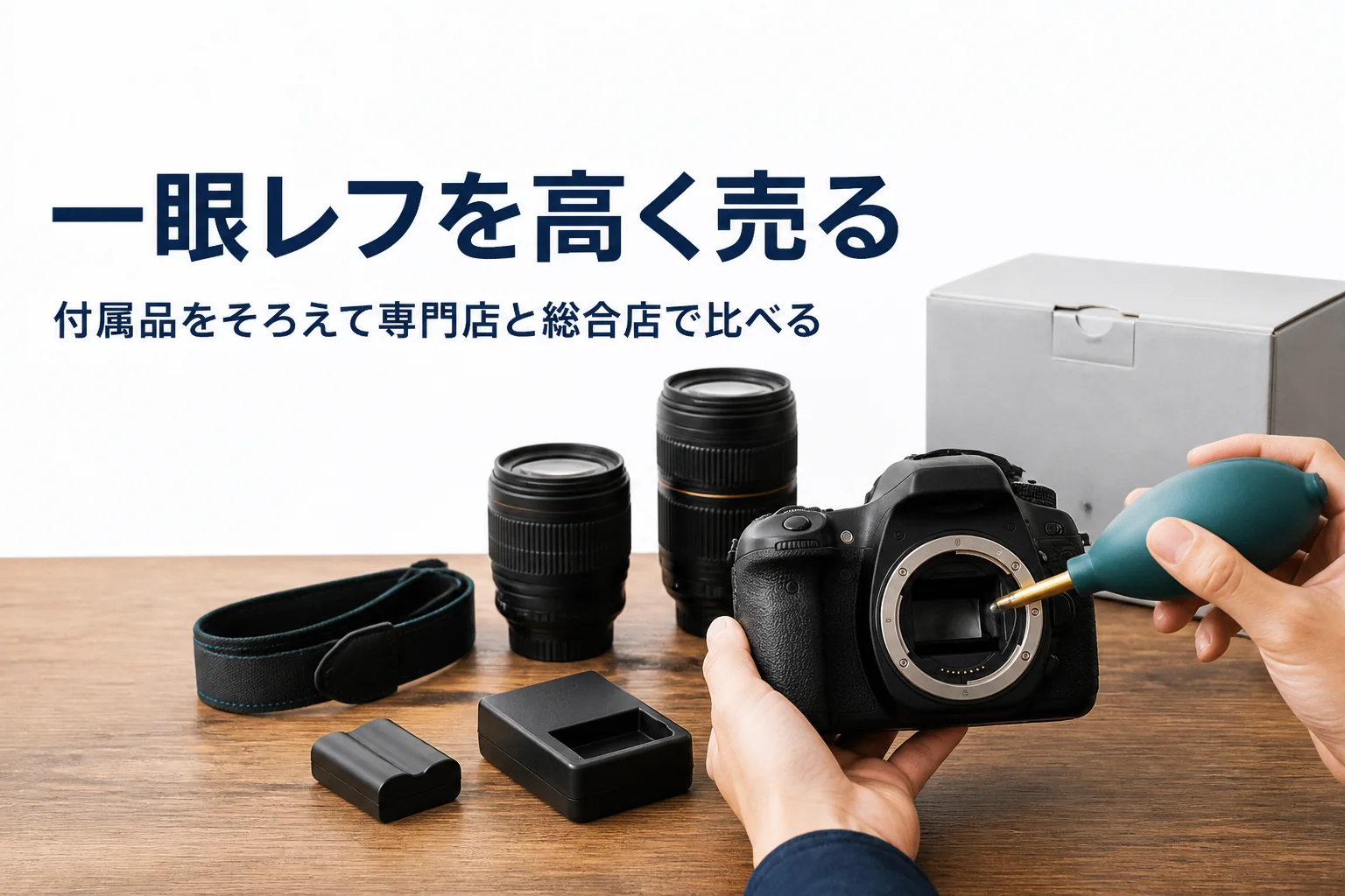 一式そろえた一眼レフをブロアーで手入れする手元