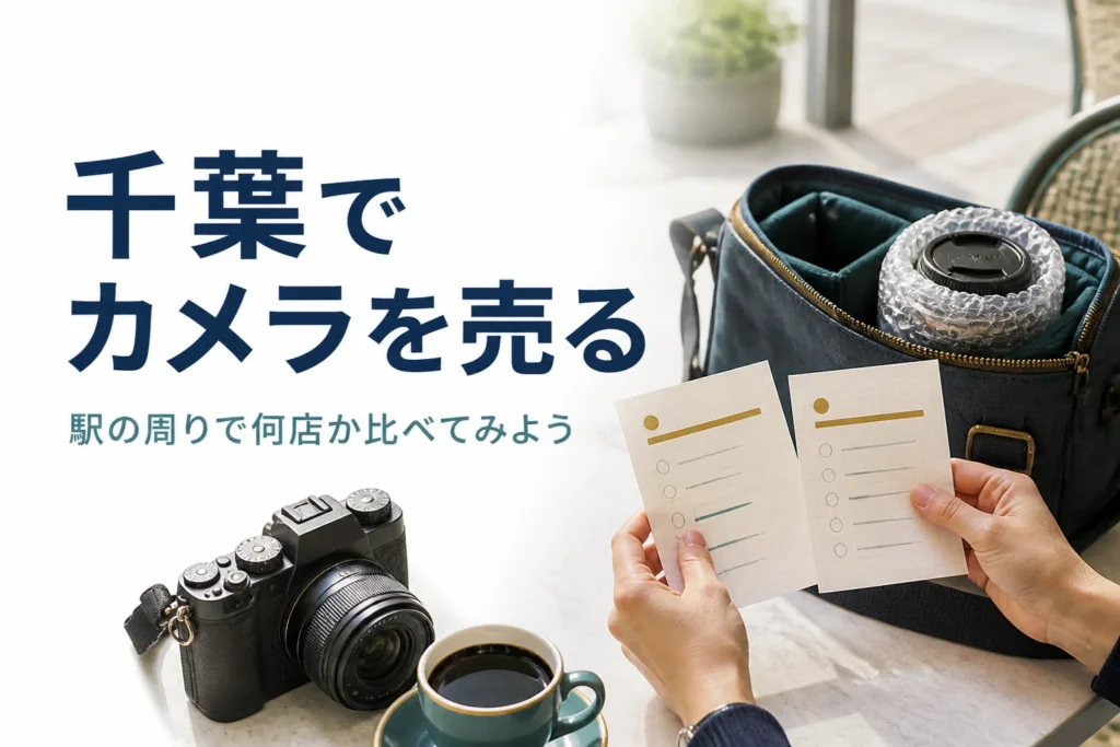 カフェのテーブルで査定のメモを見比べている手元とカメラバッグ