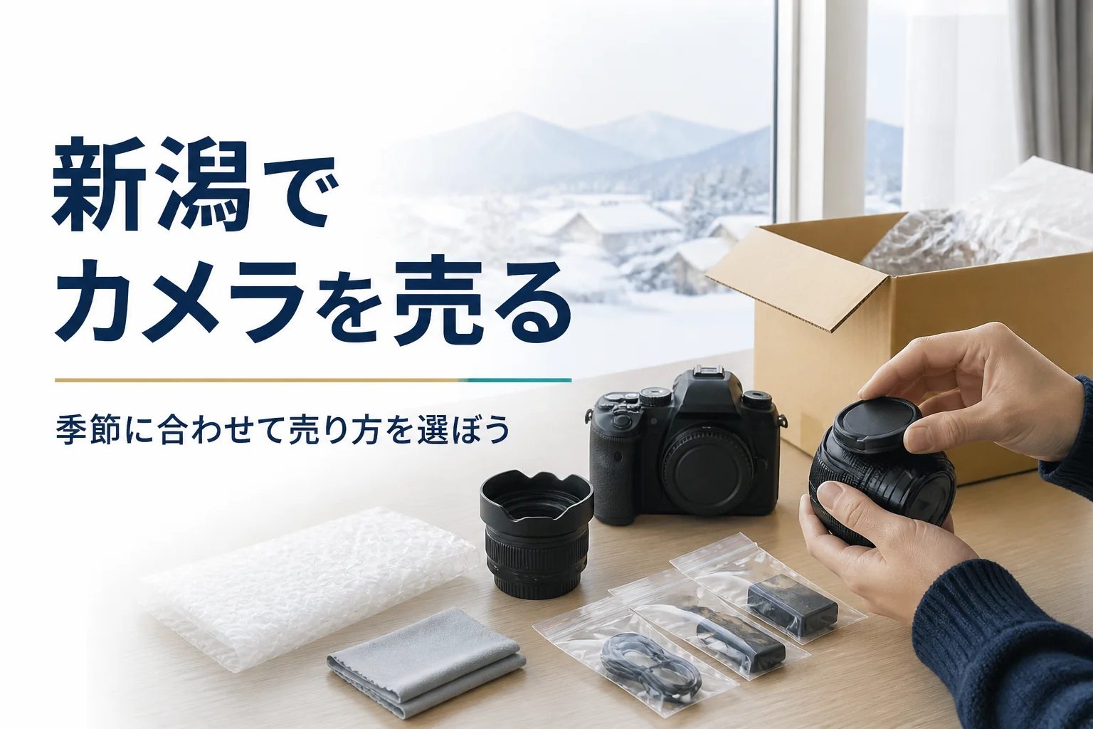 雪景色の見える窓辺でレンズにキャップを付けている手元
