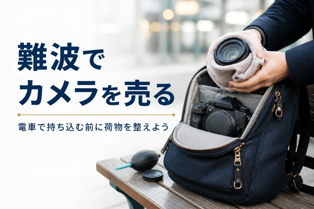 駅のベンチでリュックにカメラとレンズを詰めている手元