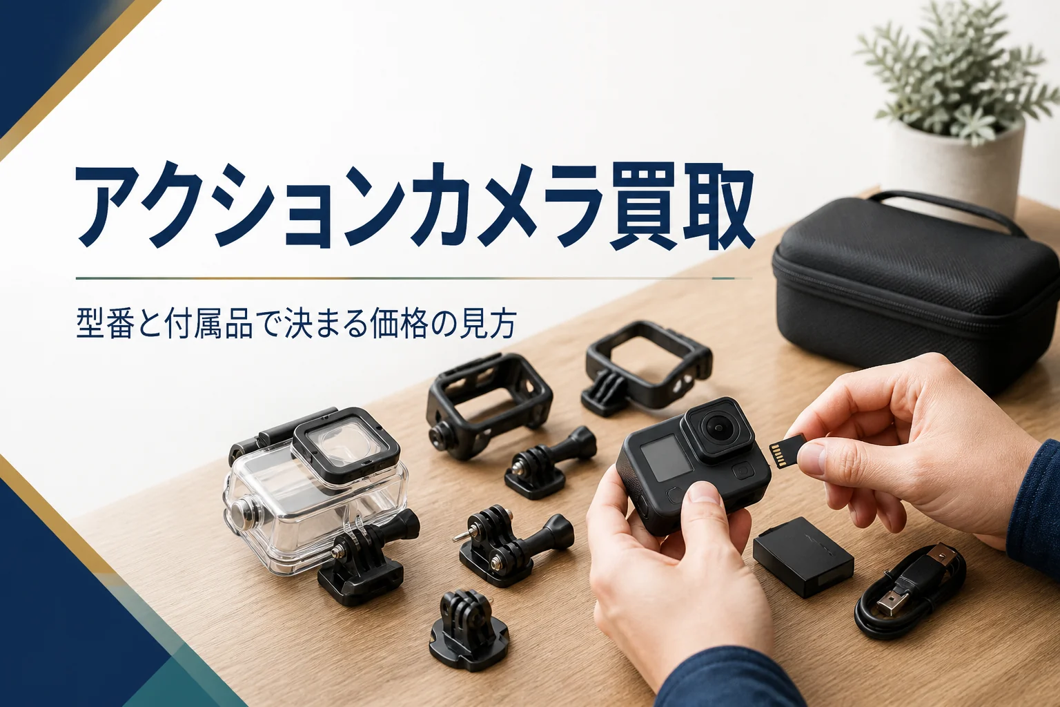 アクションカメラと付属品を並べて売る準備をしている手元