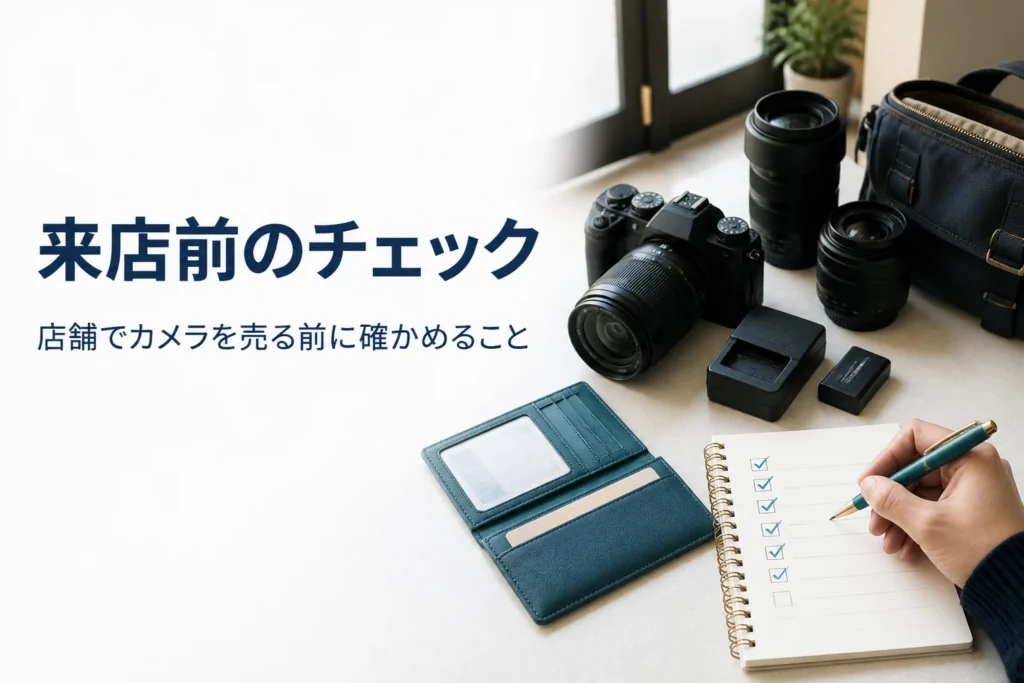 来店前に一眼レフと付属品をそろえてチェックリストを確認する手元