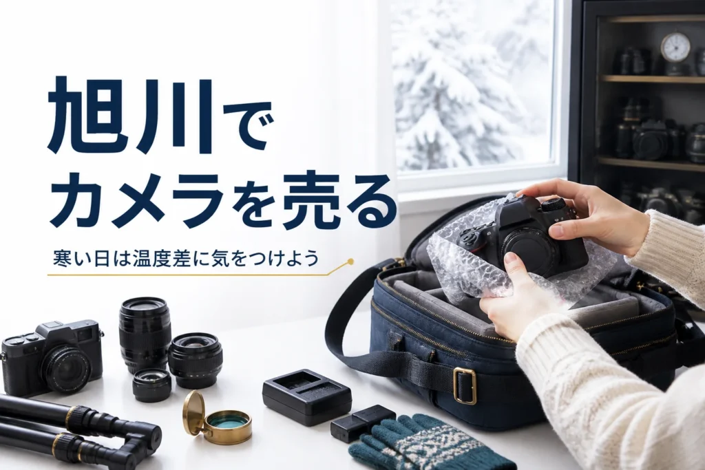 冬の室内でカメラバッグから包んだ一眼レフを取り出す手元