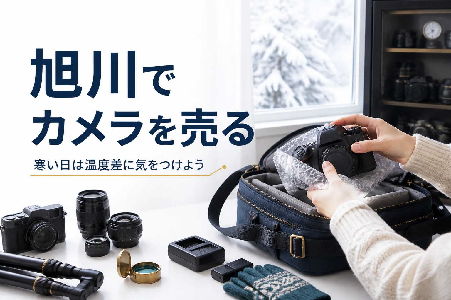 冬の室内でカメラバッグから包んだ一眼レフを取り出す手元