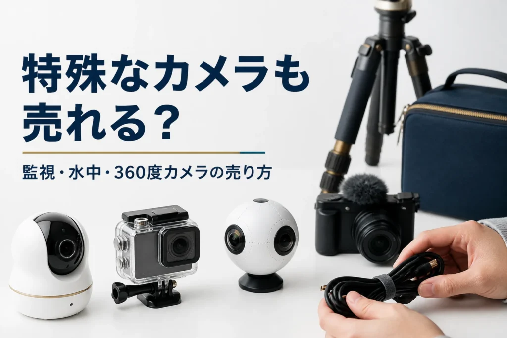 監視カメラや水中カメラ、360度カメラを机に並べて付属品をまとめている手元