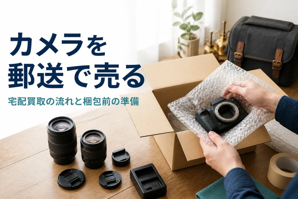 宅配買取に向けてカメラと付属品を段ボールに梱包している手元