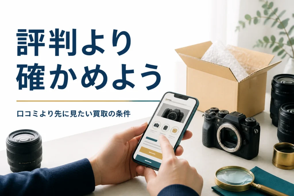 ミラーレスカメラとレンズの横で買取の条件をスマートフォンで確かめる手元