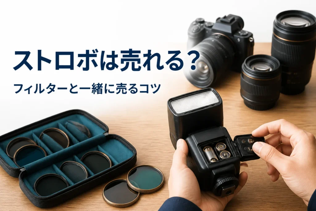 外付けストロボの電池室を確かめている手元とレンズフィルター