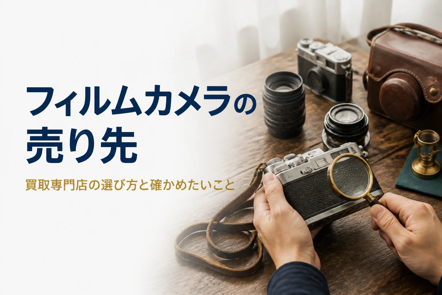 フィルムカメラとレンズの刻印をルーペで確かめる手元