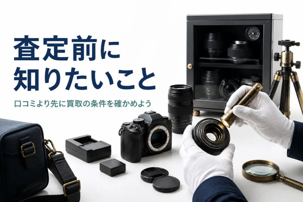 査定前に付属品をそろえ、ライトでレンズの状態を確かめる手元