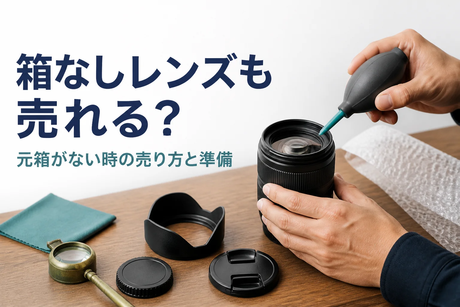 箱のない交換レンズにキャップとフードをそろえて手入れしている手元