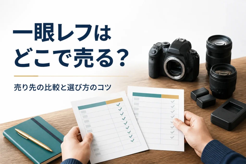 一眼レフと交換レンズの横で、2つの査定メモを見比べている手元
