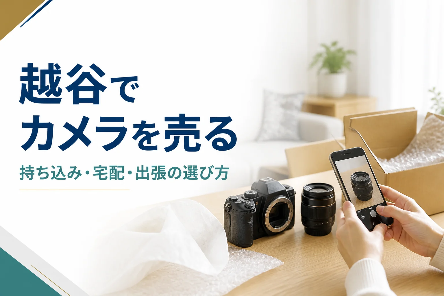 一眼レフと交換レンズをテーブルに並べ、スマホで写真査定用の写真を撮っている様子