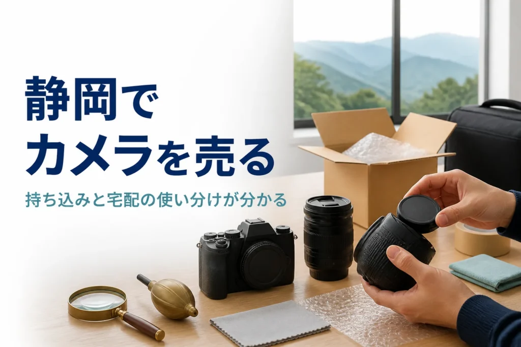 ミラーレスと交換レンズを梱包キットの横に置き、宅配で送る準備をしている様子