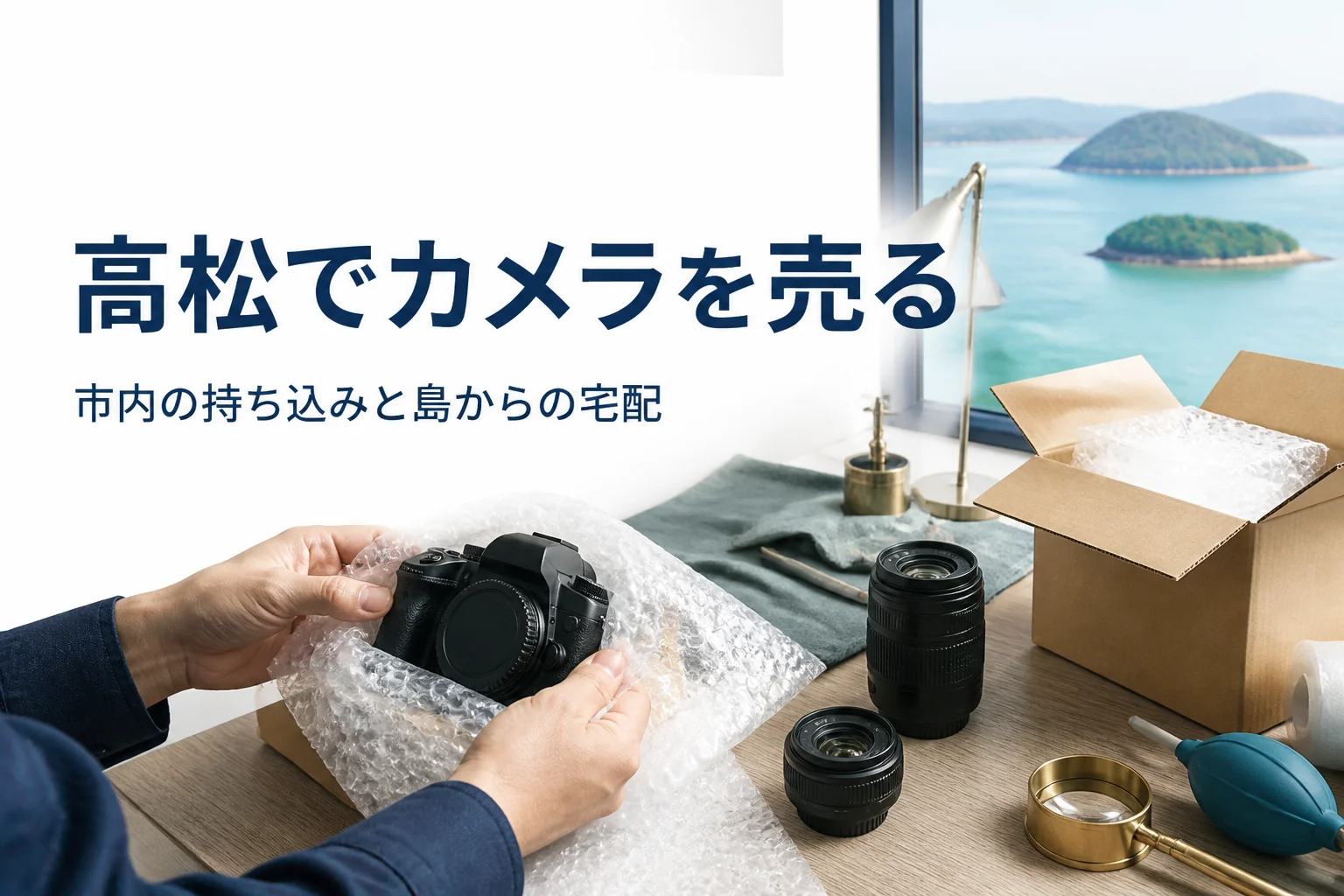 海の見える部屋で一眼レフを緩衝材に包み、宅配買取の準備をしている様子