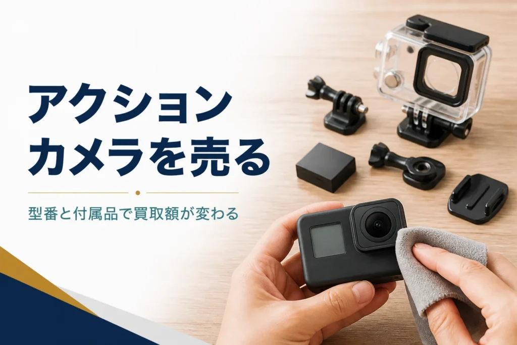 アクションカメラと防水ハウジングやマウントを並べ、査定前に付属品をそろえている様子