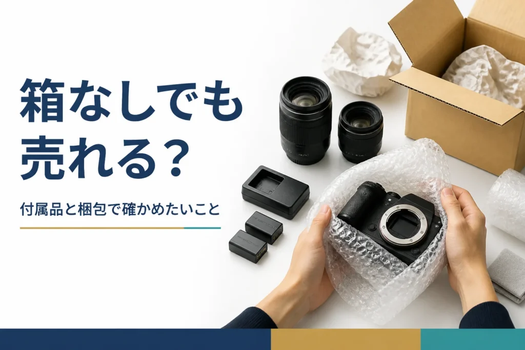 元箱の無いミラーレスと交換レンズを無地の段ボール箱に梱包している様子