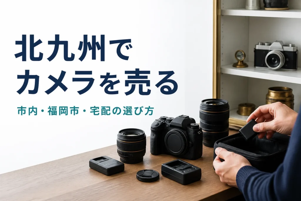 一眼レフと交換レンズ、付属品をカウンターの上に並べて持ち込み査定の準備をしている様子