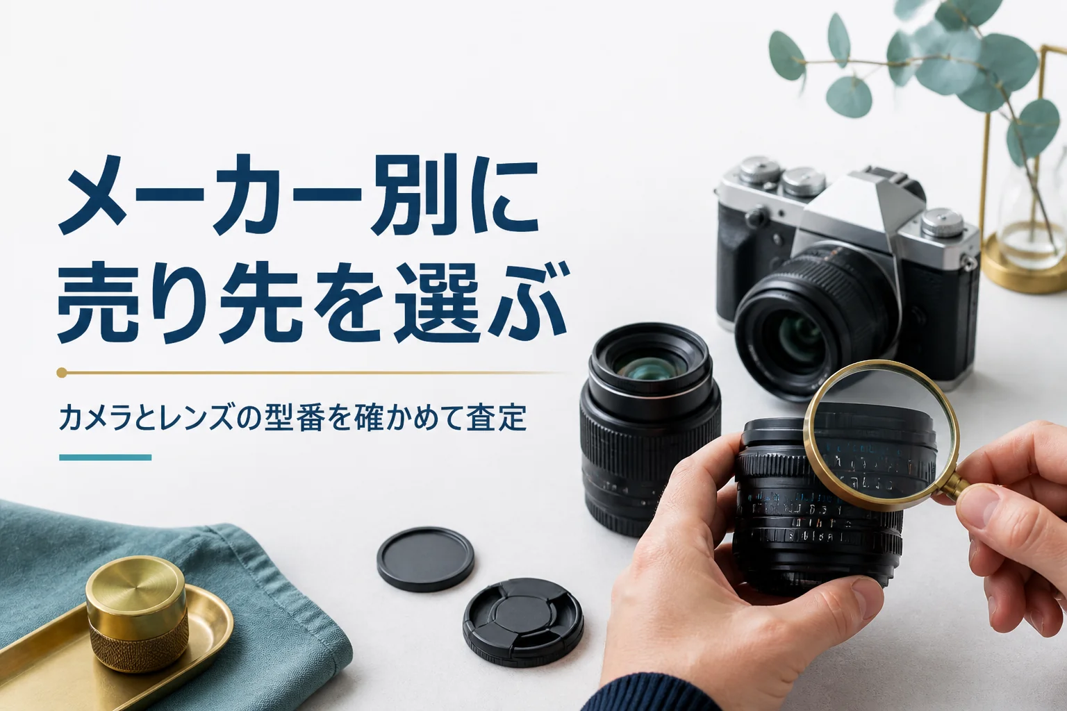 ミラーレスと交換レンズを並べ、ルーペでレンズの表記を確かめている様子