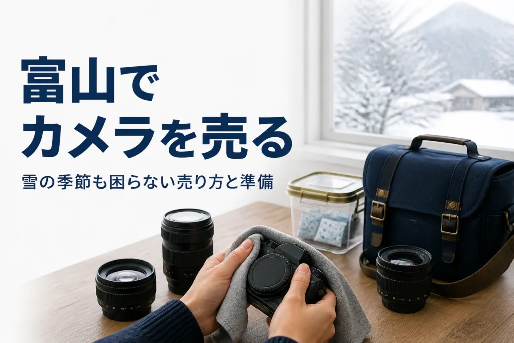雪景色の見える部屋で、一眼レフをタオルで包んで運ぶ準備をしている様子