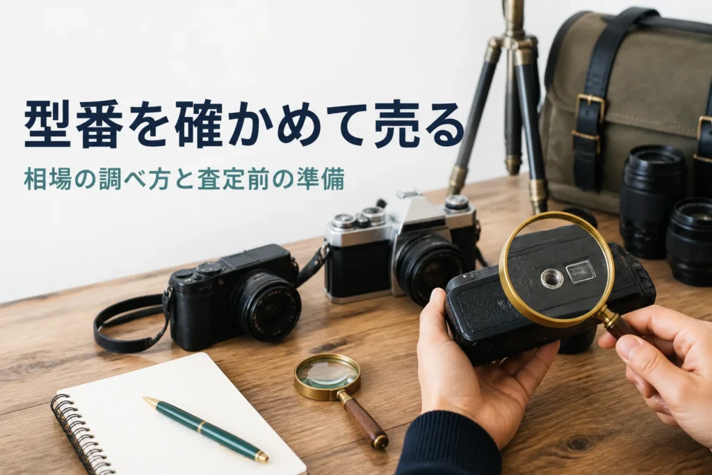 ミラーレスとフィルム一眼レフを並べ、ルーペで底面の型番表記を確かめている様子