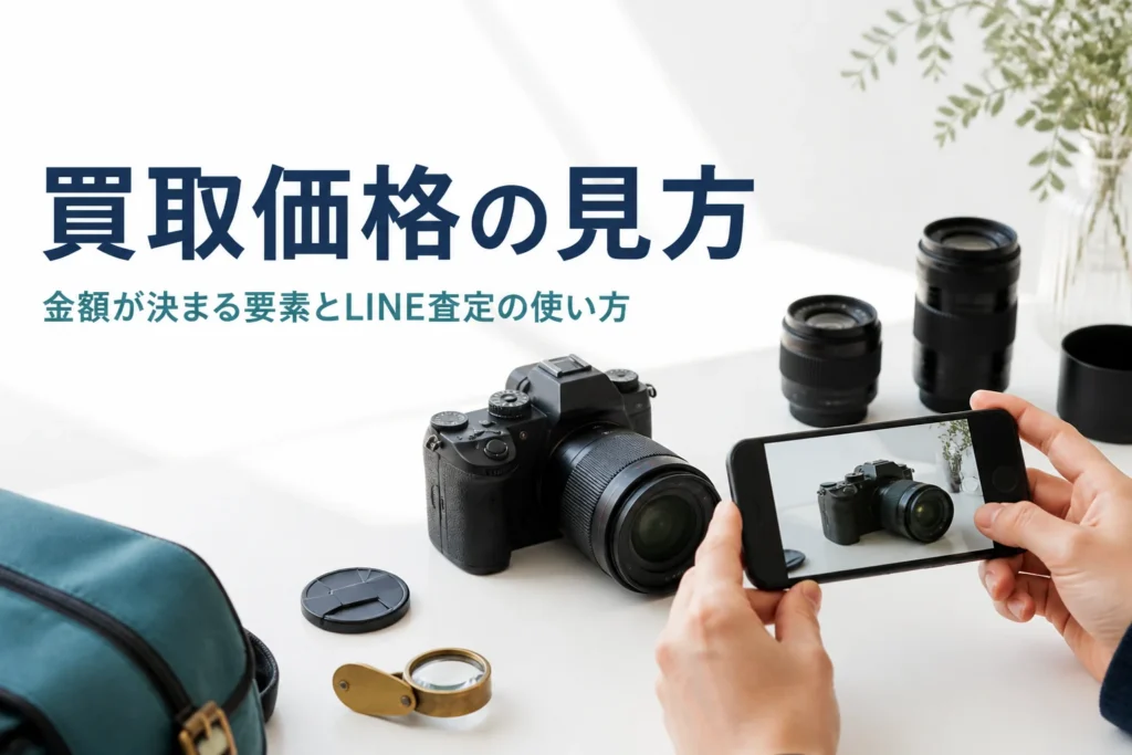 一眼レフと交換レンズをスマートフォンで撮影し、写真査定の準備をしている様子