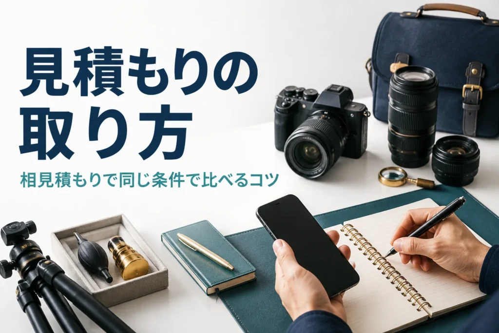 ミラーレスと交換レンズの横で、型番をメモしながら見積もりの準備をしている様子