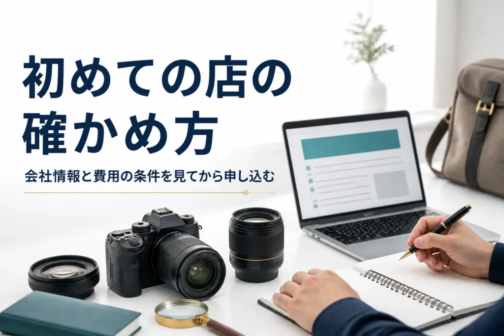 一眼レフの横でノートパソコンを見ながら、買取店の情報をメモしている様子
