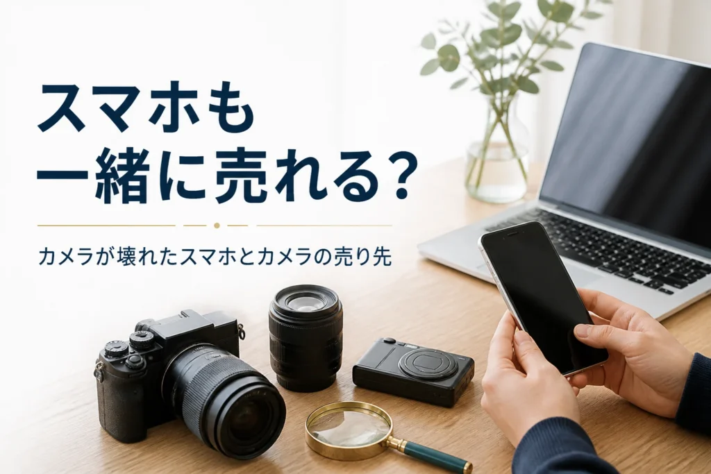 スマートフォンとコンパクトデジカメ、ノートパソコンを並べ、まとめて売る準備をしている様子