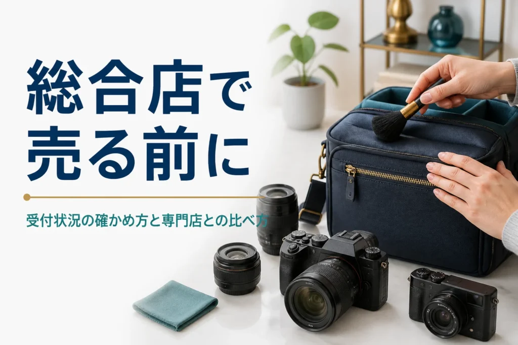 ミラーレスとコンパクトデジカメ、カメラバッグを並べて、売る前の手入れをしている様子