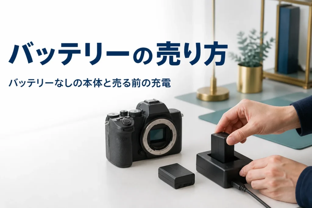 一眼レフの横で、充電式バッテリーを充電器に差して売る準備をしている様子