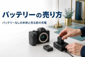 一眼レフの横で、充電式バッテリーを充電器に差して売る準備をしている様子