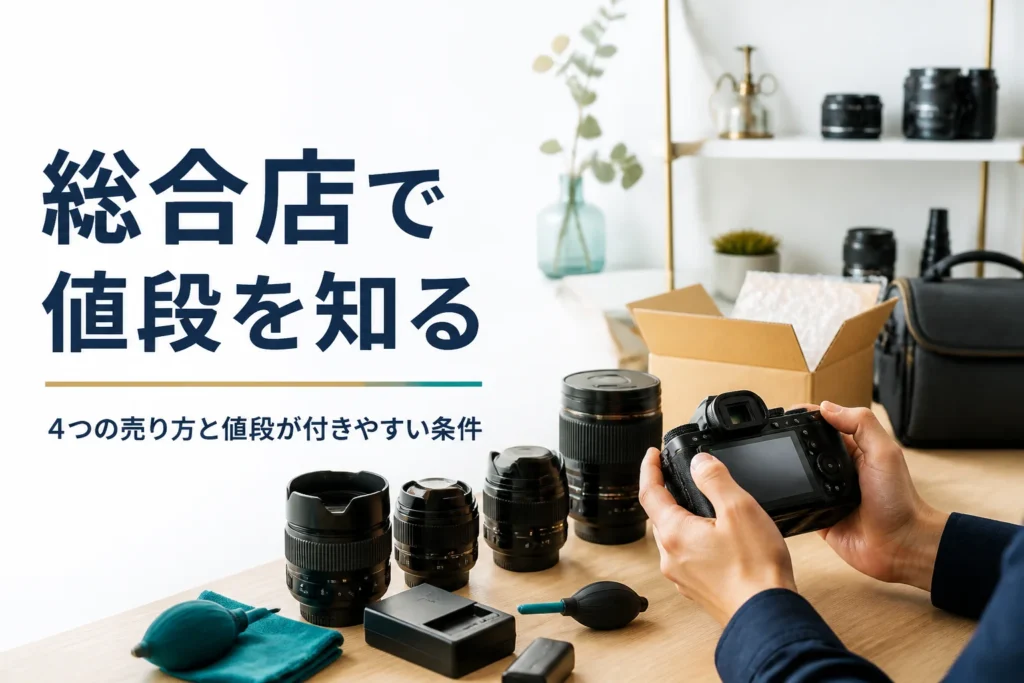 ミラーレスと交換レンズ、充電器を並べて、売る前に動作を確かめている様子