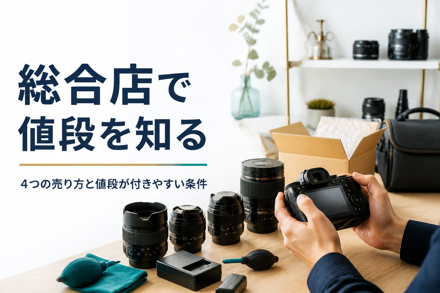 ミラーレスと交換レンズ、充電器を並べて、売る前に動作を確かめている様子