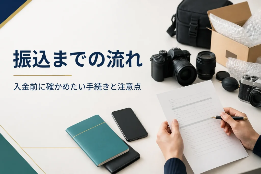 一眼レフを梱包する箱の横で、書類と手帳を確かめながら入金の準備をしている様子