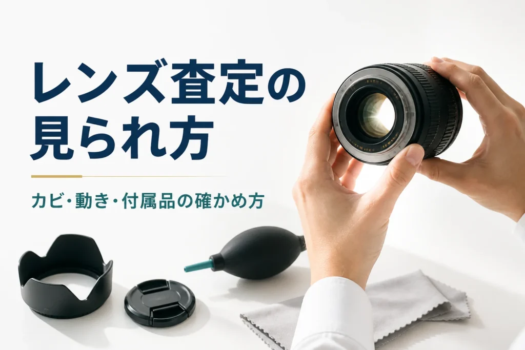 交換レンズを光にかざして中の状態を確かめている手元と、キャップやフードなどの付属品