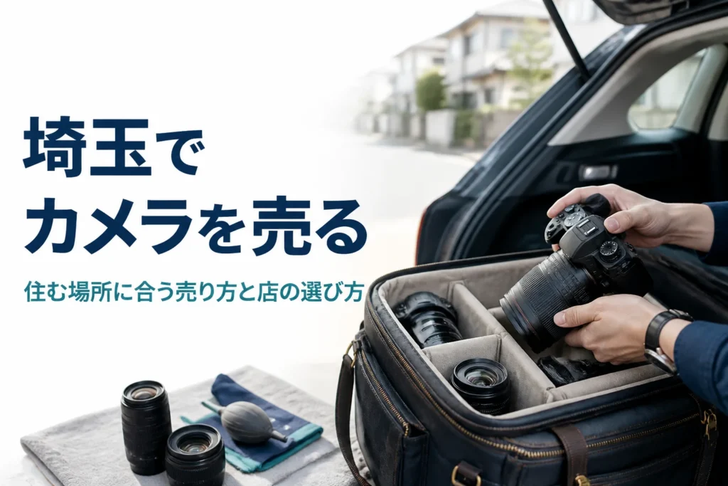 車のトランクで一眼レフと交換レンズをカメラバッグに入れ、買取店へ持ち込む準備をしている様子