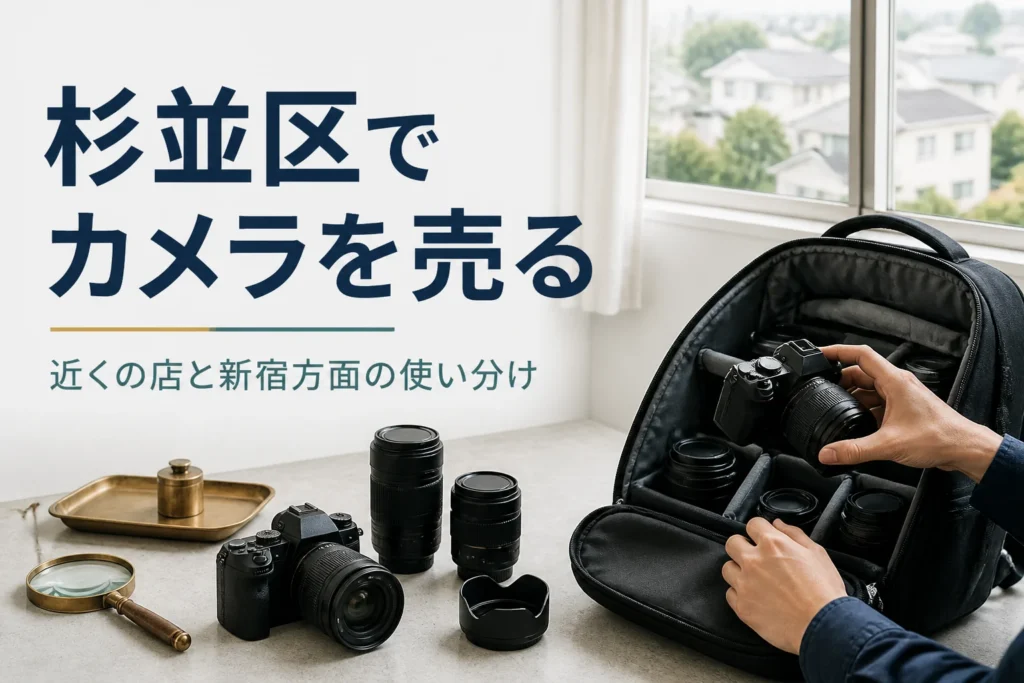 一眼レフと交換レンズをリュック型のカメラバッグに入れて、買取店へ持ち込む準備をしている様子